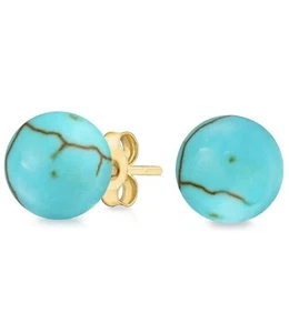 14k Solid Yellow Gold Genuine Turquoise Ball Studs Earrings For Ladies  - Picture 1 of 1