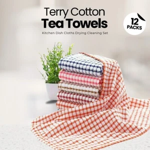 Pack of 12 Terry 100% Cotton Tea Towels Set Dish Kitchen Cloths Cleaning Drying - Picture 1 of 12