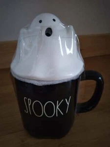 Rae Dunn Halloween Black Spooky Ceramic Mug with Ghost Topper - Picture 1 of 3