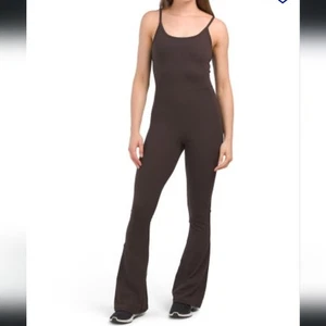 NWT Yogalicious Lux illusion rib Brown Flared Legs Ribbed Jumpsuit Size Large - Picture 1 of 7