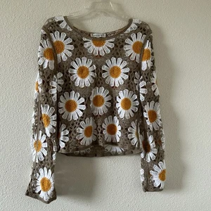 American Flirt Daisies Floral Crochet Top Wens Medium Artsy Cutesy Festival Boho - Picture 1 of 9
