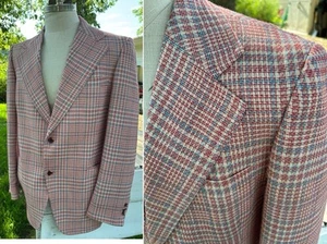 Men's VTG 1960s 1970s White Red & Blue Plaid Blazer Wool Blend Leisure Disco 44R - Imagen 1 de 11