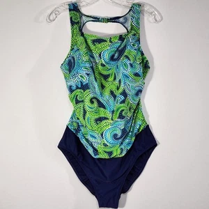 Christina Swimwear One Piece Womens Sz 18 Navy Blue Green Teal Swirls Swimsuit - Picture 1 of 12