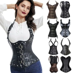 Women Faux Leather Corset Burlesque Bustier Steampunk Boned Overbust Lace Up Top - Picture 1 of 35