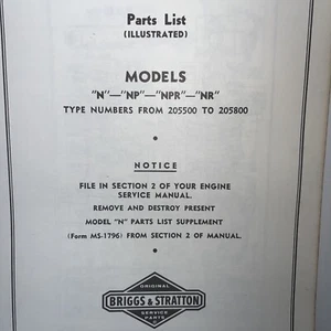 Vintage Briggs Stratton Illustrated Parts List Models N -Nr 205500-205800 - Imagen 1 de 2