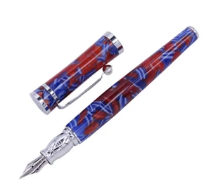 Fuliwen Celluloid Fountain Pen Fashion Maple Leaf Blue & Red F Nib Writing Pen - Picture 1 of 9