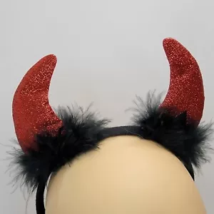 Red Devil Horns / Cat Ears Headband Feathers and Glitter Black and Red Cosplay - Picture 1 of 16