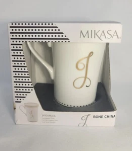 Mikasa Bone China "J" Initiale 16 oz Weißgold Buchstabe Full Plati Design Neu in OVP - Bild 1 von 7
