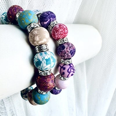 Viva бисер коренастый Серебряная глина ручной работы набор из двух эластичных браслетов новый с Ярлыками - Изображение 1 из 2