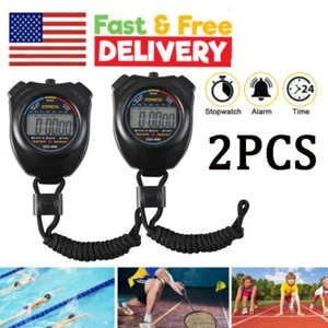 2PC Digital Sports Stopwatch LCD Stop Watch Timer Alarm Counter Waterproof Black - Picture 1 of 9