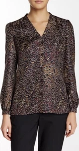 NWT TORY BURCH JAYDEN BLACK MULTI ABSTRACT LEOPARD SILK BLOUSE Size 4 - Picture 1 of 6