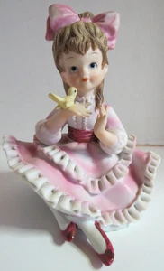 Lefton KW3757 Hand Painted Figurine Girl in Pink Ruffle Dress Sitting with Bird - Picture 1 of 8