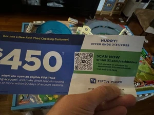 5/3 Fifth Third Bank $450 BONUS Coupon with NEW Checking Account exp. 7/31 - Picture 1 of 4