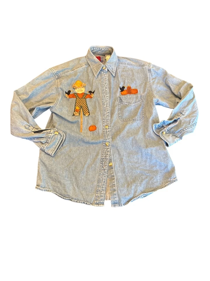 Denim Halloween Fall Autumn Scarecrow Womens Button-Up Shirt S Vintage 90s - Image 1 of 4