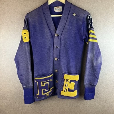 Винтажный 1950-х состаренный выцветший кампус Virgin шерсти кардиган свитер с нашивками США - Изображение 1 из 4