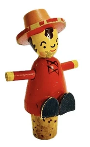 Vintage Wooden Bottle Stopper Hand Painted Man With Hat Japan Folk Art Barware - Picture 1 of 12