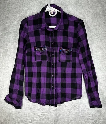 Camisa Bongo Púrpura A Cuadros Abotonada Con Joyas en Bolsillos Y2K Para Mujer Talla Grande” Foto 1 de 4