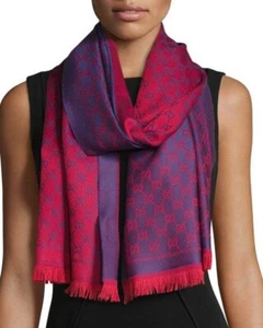 GUCCI GG GUCCISSIMA JACQUARD WOOL SHAWL WRAP SCARF 19 x 71 DOUBLE SIDED RED/BLUE - Picture 1 of 7