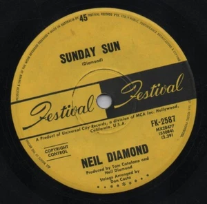 NEIL DIAMOND Rare 1968 Australian Only 7" OOP Festival Pop Single "Sunday Sun" - Picture 1 of 2