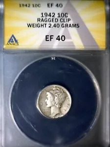 1942 ERROR ANACS EF40 RAGGED CLIPPED ERROR SILVER Mercury Dime Clip Coin NR - Picture 1 of 8