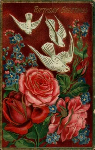 Vintage Birthday Greeting Postcard with Roses and Birds - Picture 1 of 2