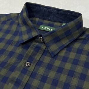 Orvis Mens Casual Green Blue Button Down Shirt Pocket Plaid Long Sleeve Sz Large
