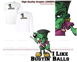 DigiRods Frank Frankenstein Monster Cartoon Pool Player Bustin Balls T Shirt - Picture 1 of 5