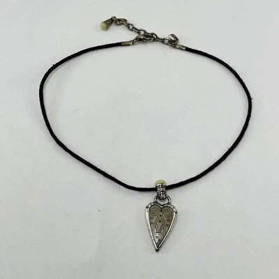 Brighton Silver Heart Pendant Necklace Etch Rope 14” 16” Charm Stone Cord Tribal - Image 1 of 4