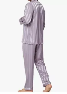 Lonxu Pajamas Set Men's Size Large Silk Satin Long Sleeve Striped Silver - Picture 1 of 4