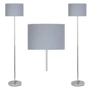 Set of 2 Modern Chrome 150cm Floor Light Standard Lamps Grey Fabric Shades - Picture 1 of 8