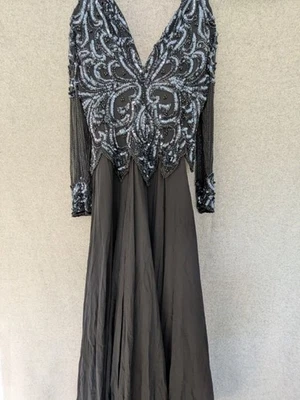 Scala Silk Maxi Prom Gown Hand Beaded Sequin Size 4 Black Long Sleeves Y2K Fairy - Image 1 of 4
