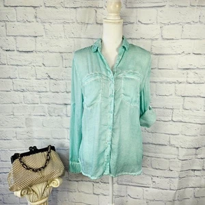 Camicia blusa Beach Lunch Lounge taglia S verde menta tinta unita bottoni linguetta manica - Foto 1 di 9