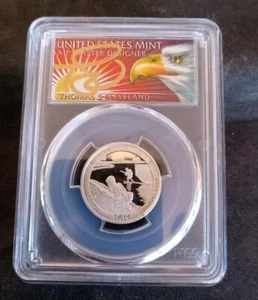 2019-S 25C WAR IN THE PACIFIC NP PR70DCAM FDOI Thomas Cleveland Eagle Silver - Picture 1 of 2
