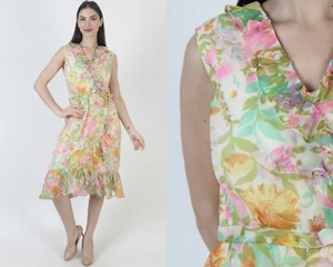 Vtg Romantic Floral Chiffon Dress 60s Neiman Marcus Silver Key Mod Go Go Mini - Picture 1 of 8
