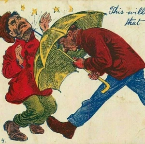 Tarjeta postal de cómic I Survived de colección dividida con espalda hombre apuñalando con paraguas - Imagen 1 de 3