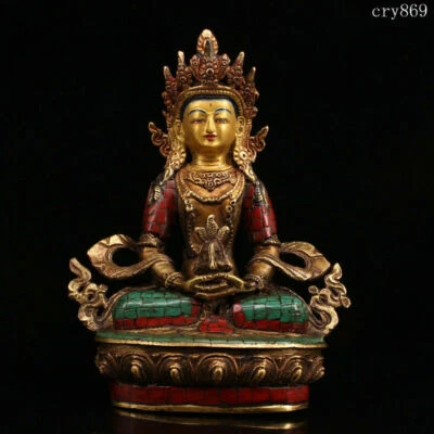 Raro Antiguo Templo Jokhang Tibetano Hecho a Mano con Incrustaciones con Gemas Estatua de Budismo Foto 1 de 4