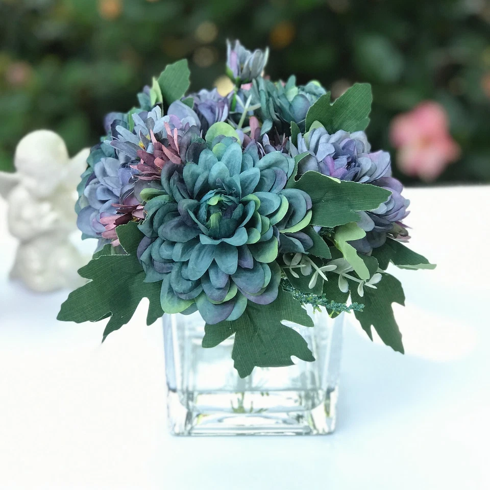 Margarida de seda e arranjo de flores artificiais mistas cubo vaso de vidro água acrílica - Imagem 1 de 1