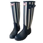Hunter Tall Rubber Boots Size 39 US 8 Waterproof Navy Blue White Stripe