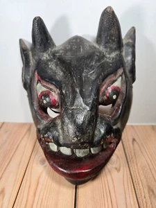Mexikanische Volkskunst geschnitzte Holzmaske Teufel Diablo Dämon mit Hörnern - Bild 1 von 14