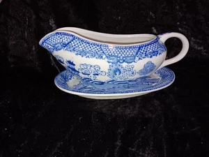 Rare Vintage Transfer Flow Blue Ironstone Asian Victoria Gravy Boat Dish Plate - Picture 1 of 14