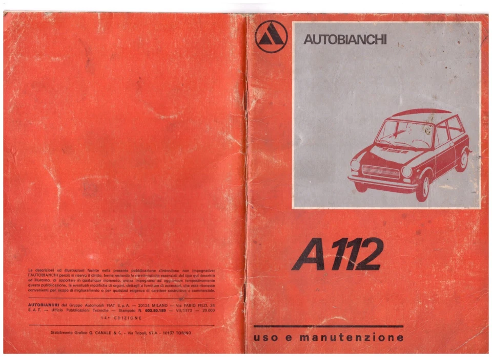 AUTOBIANCHI A 112 MANUALE LIBRETTO USO E MANUTENZIONE   - Immagine 1 di 1