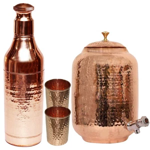 NUEVO Dispensador de Agua de Cobre (Matka) Contenedor Martillado Olla con Botella y 2 Vidrios - Imagen 1 de 4
