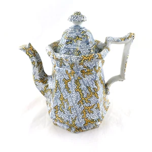Antique Transferware Coffee Pot Octagonal Blue Yellow - Picture 1 of 21