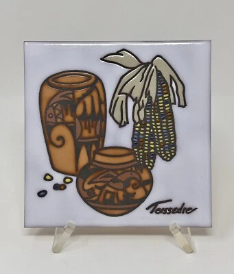 Cleo Teissedre Pottery Tile Coaster Trivet Decor Southwestern Corn Pots 6” x 6” - Image 1 of 4