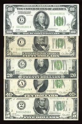 Rare Full Set of 1928 $100 $50 $20 $10 and $5 Green Seal REDEEMABLE IN GOLD, - Image 1 of 4