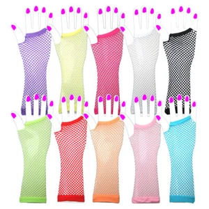 Long Fingerless Fishnet Gloves Neon 80's Hen Night Dance Rave Tutu Fancy Dress - Picture 1 of 6
