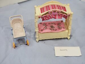 Fisher Price Loving Family Doll Furniture Canopy Bed Pink 2009 Baby Stroller Lot