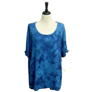 Cottonways Blue Topaz Jenn Tie Short Sleeve Cotton Gauze Tie Dye Print Top 3 2X - Picture 1 of 11