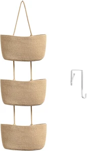 3-Tier Over the Door Hanging Basket - Woven Cotton Nursery Storage Organizer - Picture 1 of 12