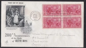 USA 1952 FDC 200th BIRTHDAY OF BETSY ROSS MAKING USA FLAG IN BLOCK OF 4 + CAHCET - Picture 1 of 1